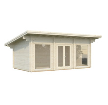 Trädgårdshus i trä med platt tak och fönster