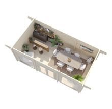 Interiörbild av ett trähus med matplats, bar och sittgrupp.