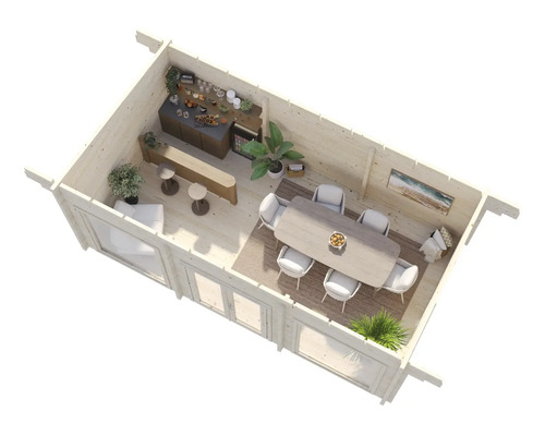 Interiörbild av ett trähus med matplats, bar och sittgrupp.