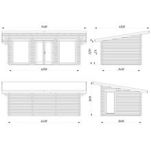 Teknisk ritning av ett trädgårdshus med mått