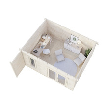 Vy av ett trädgårdshus med kontorsmöbler, tillverkat av trä