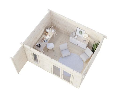 Vy av ett trädgårdshus med kontorsmöbler, tillverkat av trä