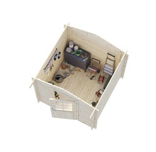 Interiör av en trädgårdsbod med trädgårdsredskap och utrustning.