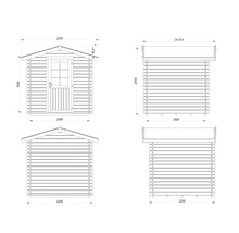 Teknisk ritning av ett trädgårdshus med mått.