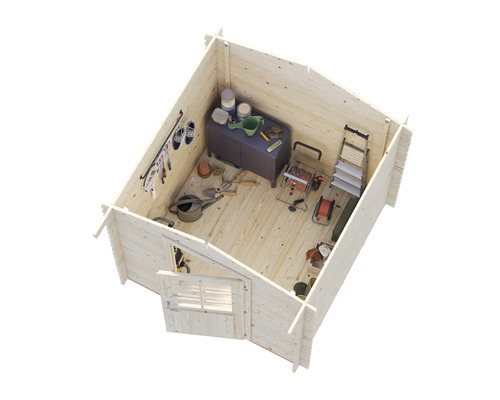 Interiör av ett trädgårdshus i trä med verktyg och trädgårdsutrustning