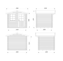 Teknisk ritning av ett trädgårdshus med mått