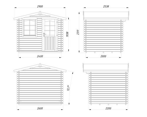 Teknisk ritning av ett trädgårdshus med mått