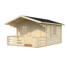 Trädgårdshus i trä med altan och fönster