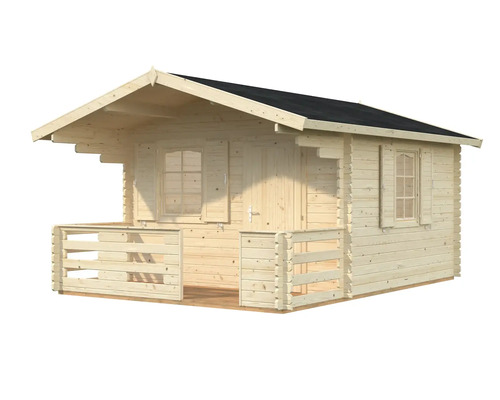 Trädgårdshus i trä med altan och fönster