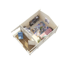 Interiörvy av ett trähus med möbler och dekoration