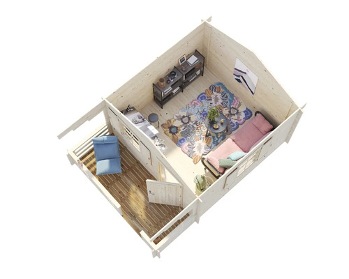 Interiörvy av ett trähus med möbler och dekoration