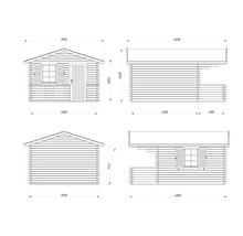Teknisk ritning av ett trädgårdshus med mått