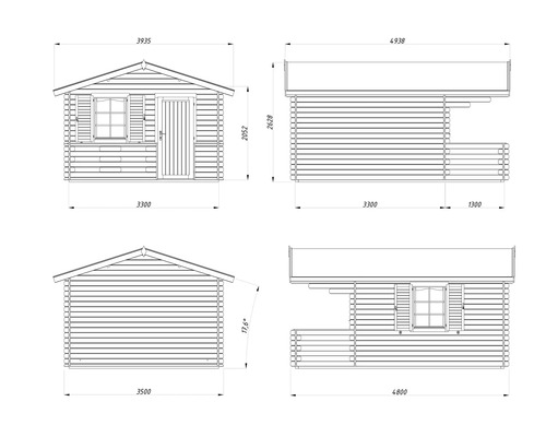 Teknisk ritning av ett trädgårdshus med mått