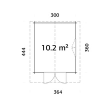 Planritning av ett trädgårdshus med måtten 300 x 360 x 444 x 364 cm och en yta på 10.2 kvadratmeter.