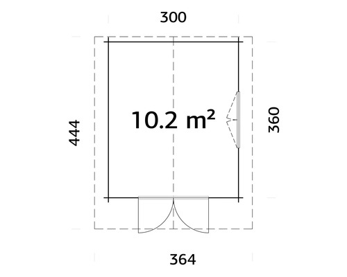 Planritning av ett trädgårdshus med måtten 300 x 360 x 444 x 364 cm och en yta på 10.2 kvadratmeter.