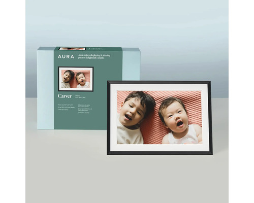 Aura Carver digital fotoram med svart ram och förpackning