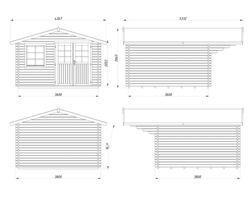 Teknisk ritning av ett trädgårdshus med dimensioner