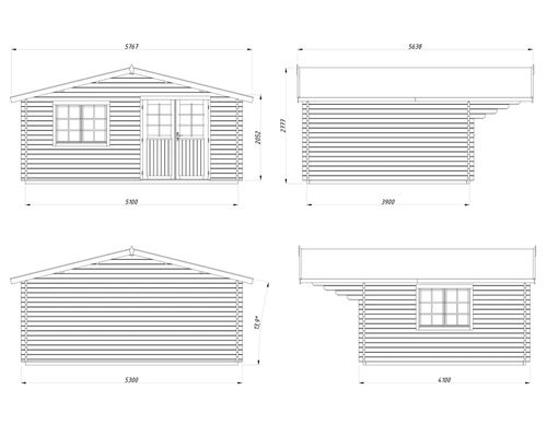 Teknisk ritning av ett trädgårdshus med mått