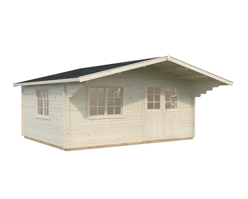 Trädgårdshus av trä med fönster och en dörr