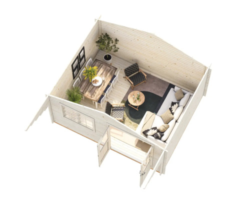 Interiörbild av ett trädgårdshus med matbord, soffa och fåtöljer