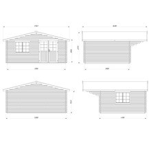 Teknisk ritning av ett trädgårdshus med mått.