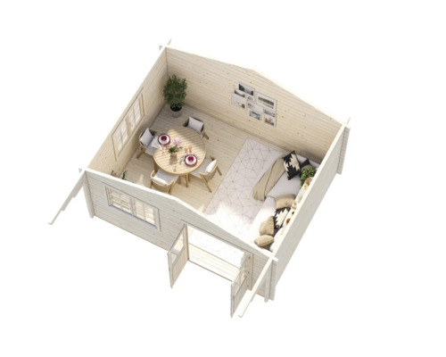 Interiör av ett trädgårdshus med sittgrupp och matbord