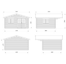 Teknisk ritning av ett trädgårdshus med mått