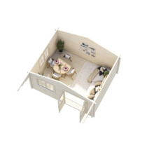 Interiörbild av ett trähus med matbord, soffa och fönster