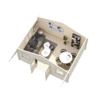 Interiörvy av ett trädgårdshus med vardagsrum, matplats och hyllor