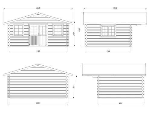Teknisk ritning av ett trädgårdshus med mått.