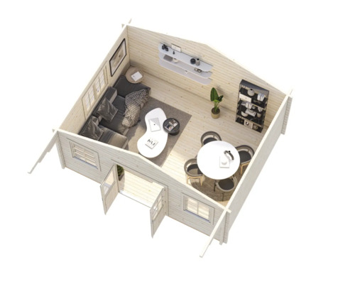 Interiör av ett trädgårdshus med vardagsrum, matplats och hyllor