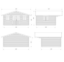 Teknisk ritning av ett trädgårdshus med mått