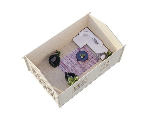 Interiör av ett trädgårdshus i trä med fönster, sittgrupp och matta