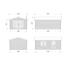 Teknisk ritning av ett trädgårdshus med mått