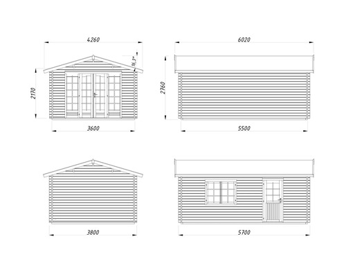 Teknisk ritning av ett trädgårdshus med mått