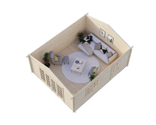 Interiörbild av ett trädgårdshus i trä med möbler