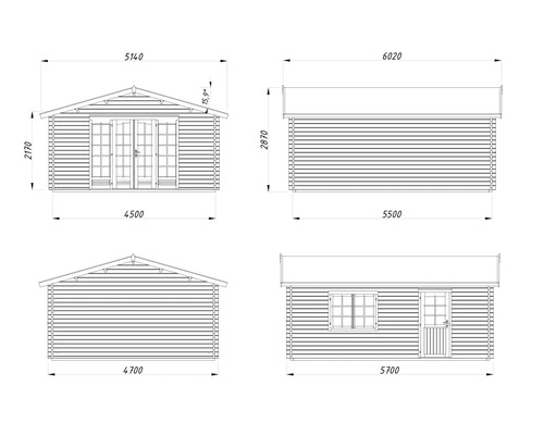 Teknisk ritning av ett trädgårdshus med dimensioner