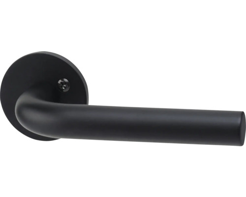 Svart dörrhandtagsset med rund rosett för innerdörrar.