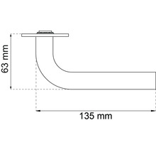 Teknisk ritning av ett dörrhandtag med måtten 135 mm och 63 mm