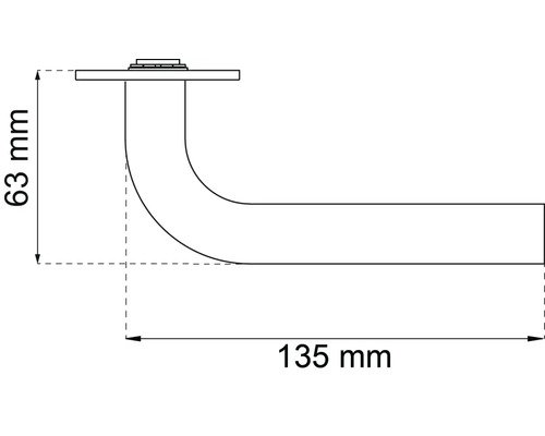 Teknisk ritning av ett dörrhandtag med måtten 135 mm och 63 mm