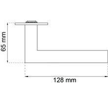 Teknisk ritning av ett dörrhandtag med måtten 65 mm höjd och 128 mm längd.