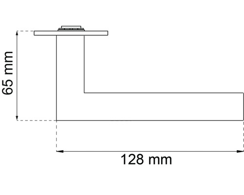 Teknisk ritning av ett dörrhandtag med måtten 65 mm höjd och 128 mm längd.
