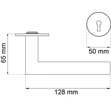 Teknisk ritning av ett dörrhandtag med måtten 65 mm höjd, 128 mm längd och 50 mm diameter