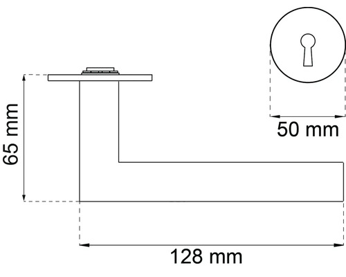 Teknisk ritning av ett dörrhandtag med måtten 65 mm höjd, 128 mm längd och 50 mm diameter