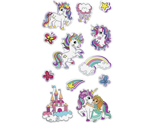 Klistermärkesark med motiv av enhörning, fjäril, slott, regnbåge och stjärna
