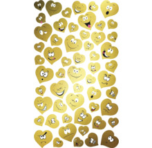 En mängd guldfärgade hjärtklistermärken med olika ansiktsuttryck.
