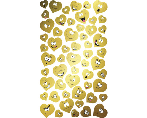 En mängd guldfärgade hjärtklistermärken med olika ansiktsuttryck.