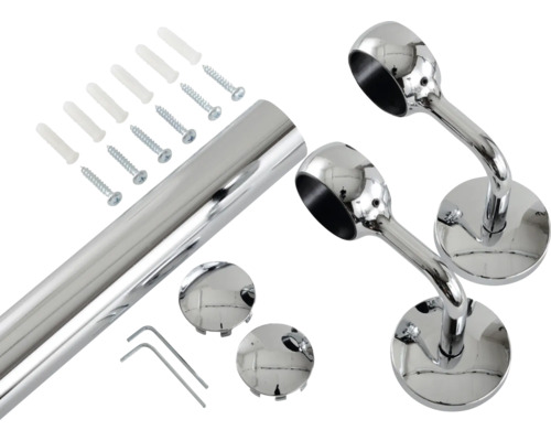 Garderobstångset med fästen, skruvar, pluggar och täcklock