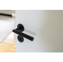 Svart dörrhandtag på en vit dörr