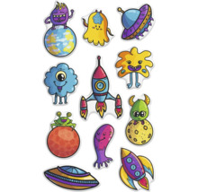 Klistermärkesark med motiv av monster, raketer och ufon